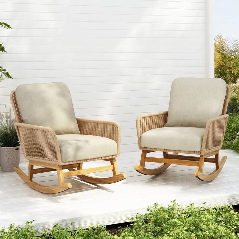 [Set of 2] Contemporary Minimalist Beige Wicker Rocking Chair - Beige