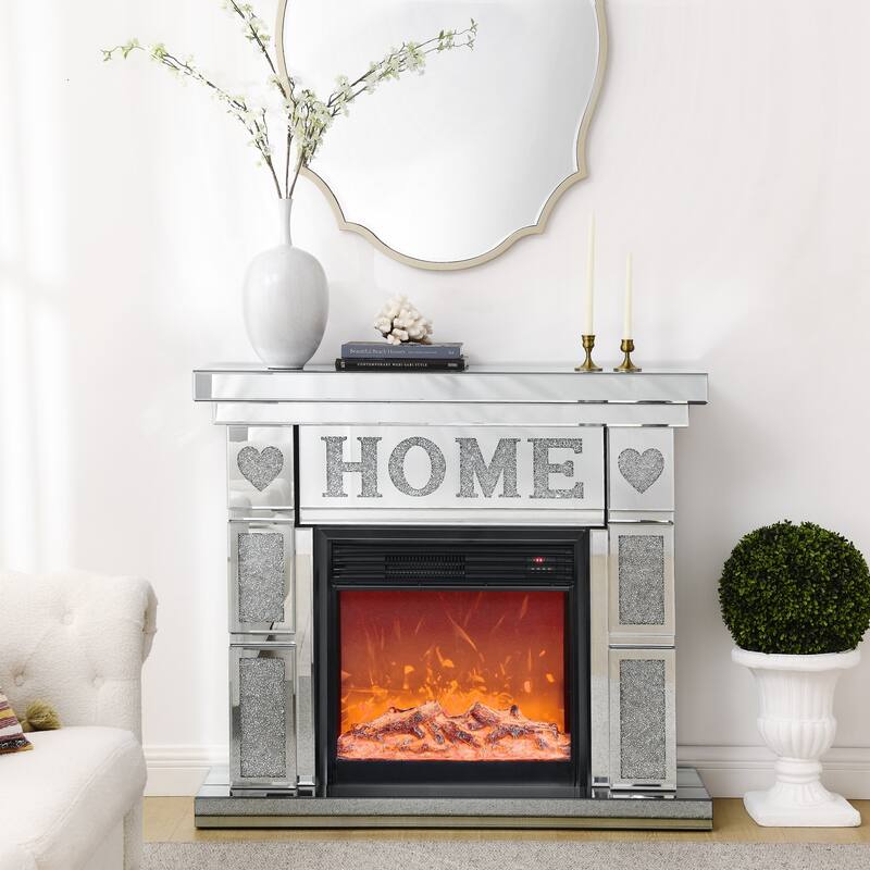 46" Freestanding Electric Fireplace Cabinet with Acrylic Crystal Inlays, Heats 400 Sq. Ft.