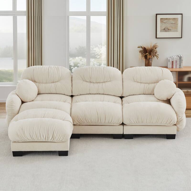 116" Chenille Pleated Design Sectional Sofa with Ottoman and 2 Round Pillows