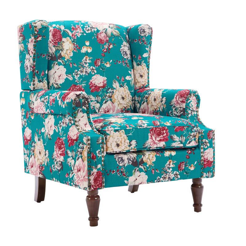 2 Set Transitional Patterned Wingback Accent Chairs with NailHead