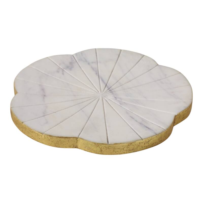 Stone Marble Trinket Tray Round Floral Design Modern Glam - 1" White - 8" x 8" x 0.5"