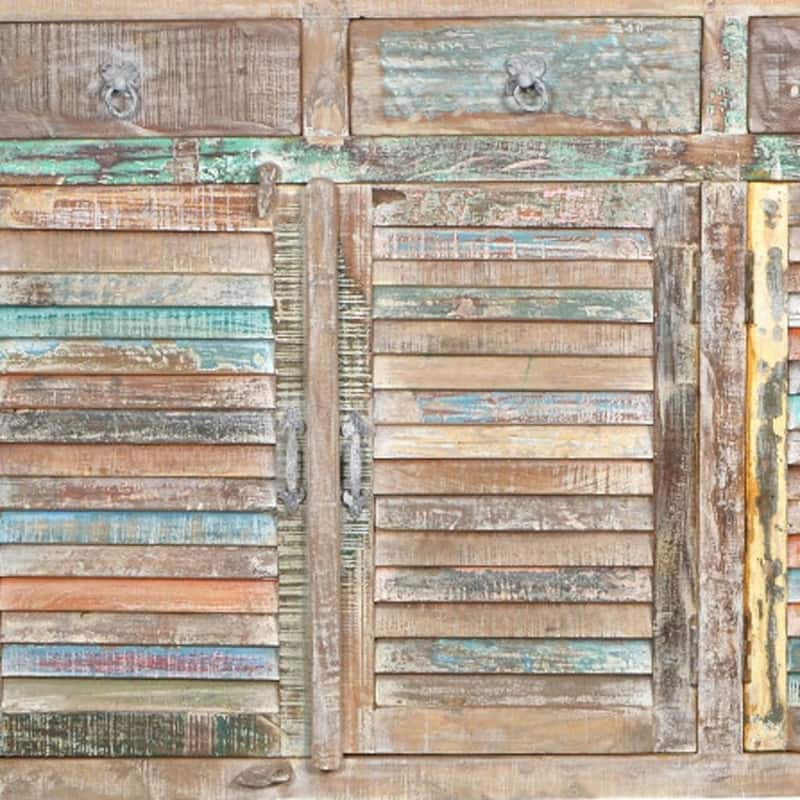 HomeRoots 72" Natural And Rainbow Reclaimed Wood Shutter Style Sideboard with Four Doors - 72.00 in. x 42.00 in. x 18.00 in.