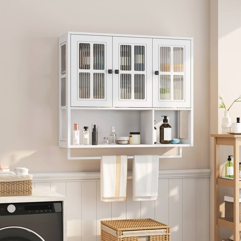 Bathroom Wall Cabinet, 3-Door Wooden Wall Cabinet with Open and Hidden Storage Space, Medicine Cabinet with Glass Door - White