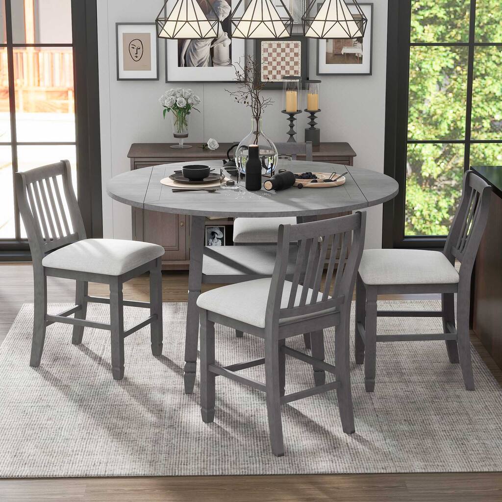 5-Piece Wood Farmhouse Dining Set, Counter Height Extendable Table with 4 Folding Leaves and Shelf, 4 Upholstered Chairs