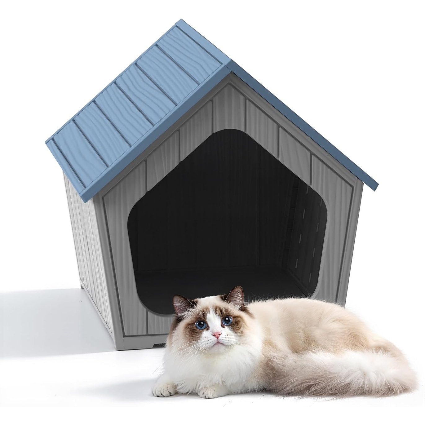Cabin Style Cat House, Durable Waterproof Resin Shelter for Small, Medium, Large Cats, Easy Assembly