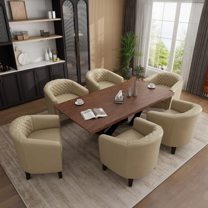 Modern Leather Nailheads Trim Barrel Accent Chairs with Wood Legs - 6 Set - Beige