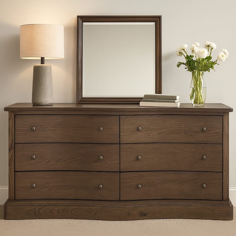 Lioren Dresser, Solid Oak, 6 Drawers, Curved Front, Brass Handles, Warm Brown