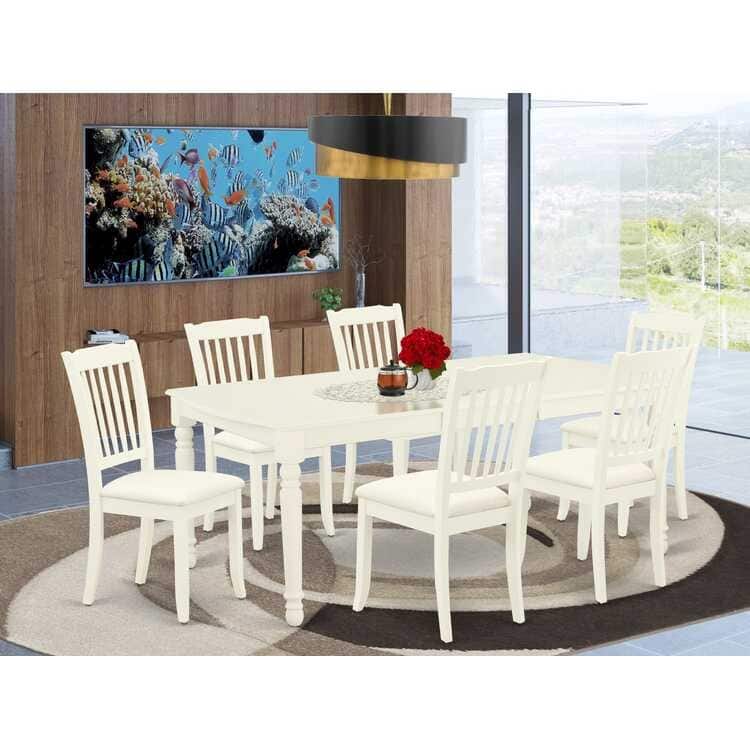 7Pc Dinette Set - Kitchen Table with Butterfly Leaf & 6 Linen Dining Chairs - White Finish - 78