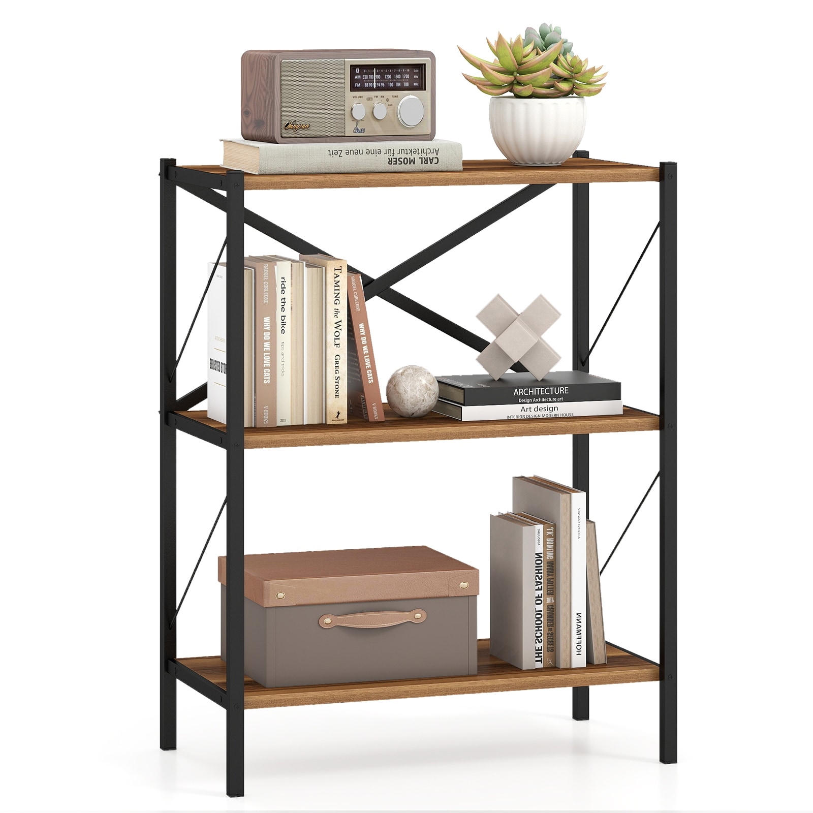Gymax 3-Tier Bookshelf Industrial Bookcase w/ Heavy-Duty Metal Frame