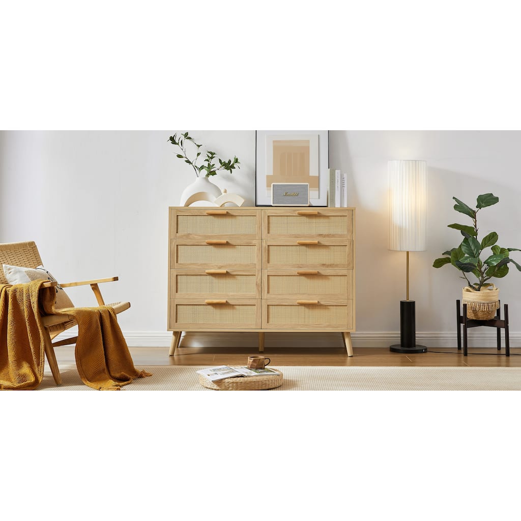 Bedroom dresser,8 Double Dresser with rattan drawers, wood chest of drawers, 47.2''W x 15.8''D x 37.4''H