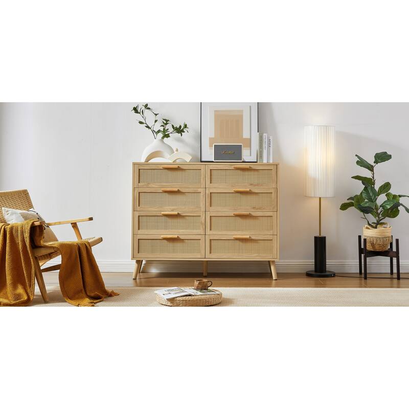 Modern Stylish Double Dressing Drawers with 8 Rattan Drawers, for Childrens Room Living Room Entryway Hallway