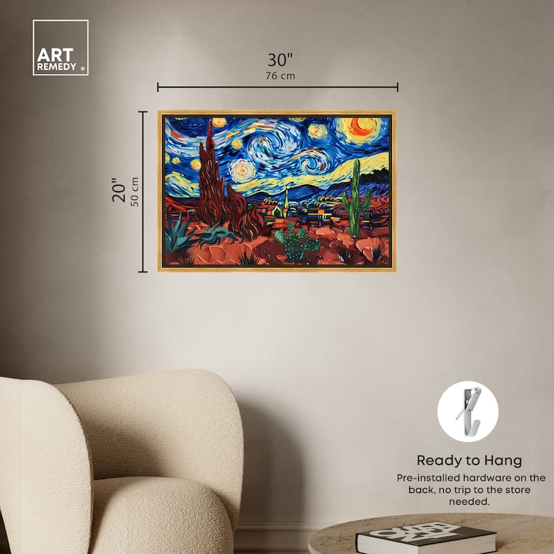 Art Remedy Desert Night Stars Framed Impressionism 1 Piece Canvas Wall Art /Monet And Van Gogh Inspired Art
