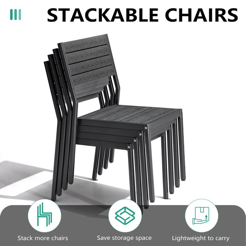 7-Piece Outdoor Patio Dining Set Wood-Like Table Top Alumium Umbrella Hole Table with Stackable Armless Dining Chairs