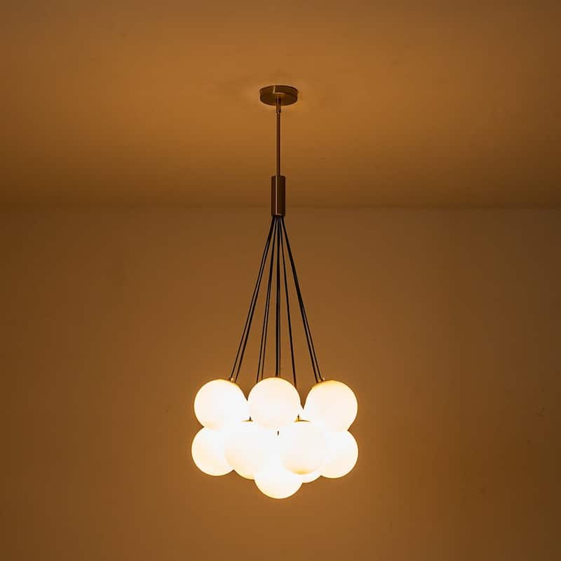 Brass Modern Milky White Glass Globe Bubble Pendant Light - 13-Light