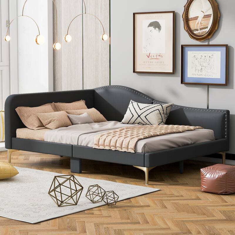 Twin/Full Size Upholstered Daybed with Headboard and Armrest, Linen Day Bedframe Sofa Bed with Support Legs and Sturdy Slats