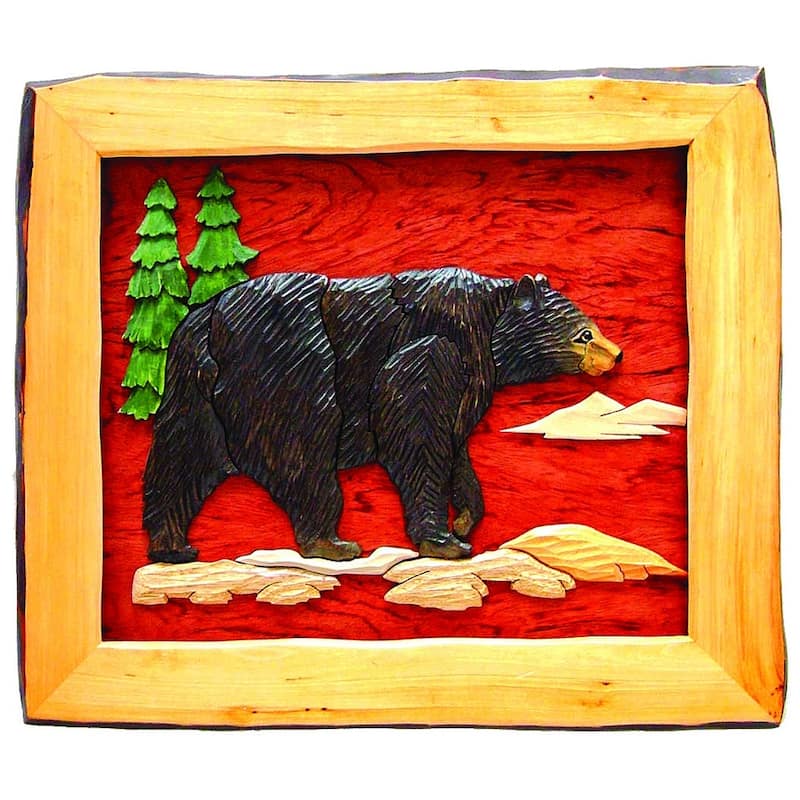 Bear Hand Crafted Intarsia Wood Art Wall Hanging 20 X 18 X 2 Inches