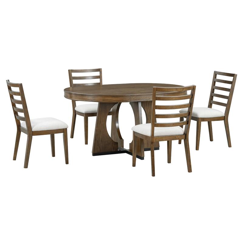 5 Piece Dining Table Set, Extendable Dining Table Set, Round Table with Wooden Tabletop and 4 Upholstered Chairs