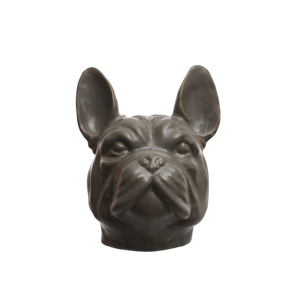 Stoneware French Bulldog Head Vase with Reactive Glaze