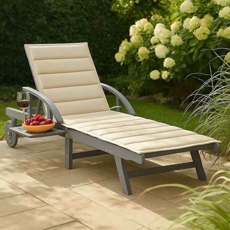 Kaye Outdoor Sun Lounger, 79 Inch Gray Acacia Wood, Cream Polyester
