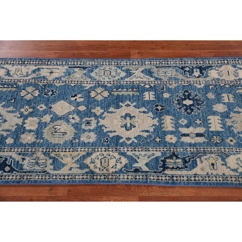 Hand Knotted Oriental 100% Wool Carpet Transitional All-Over Navy Blue & Blues Oushak Runner Rug - 16' 7'' X 2' 7''