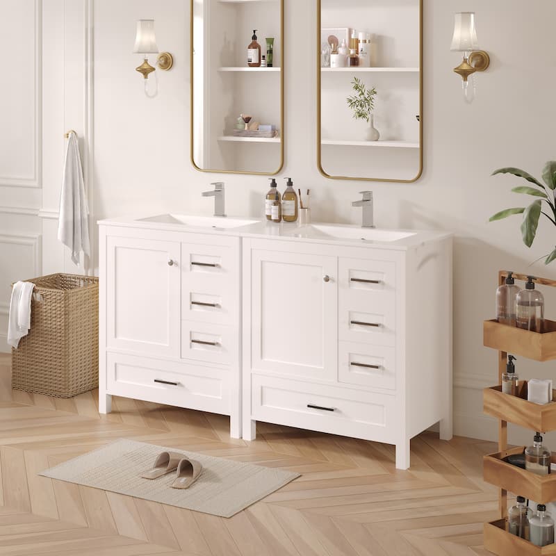 EROMMY All-in-One Bathroom Vanity with Ceramic Sink, Soft-Close Storage Cabinet & Drawer, Glossy Countertop, White