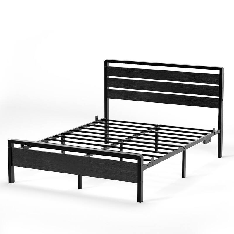 Bed Frame with LED Light and Charging Station, Metal Platform Bed with Wood Headboard