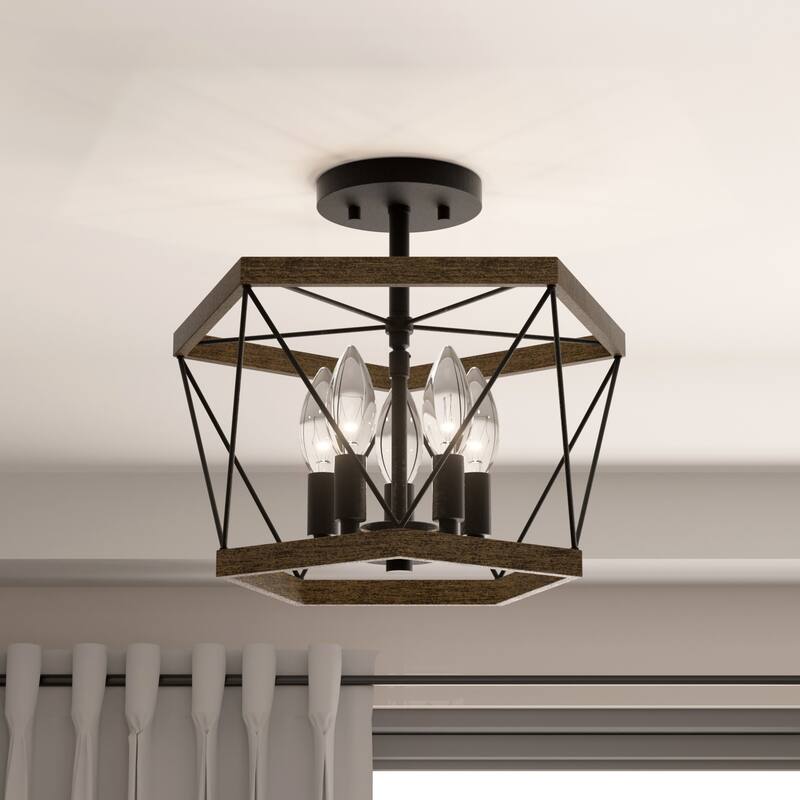 Kiro 5-light Farmhouse Geometric Drum Semi-flush Mount Ceiling Light - 15 inches