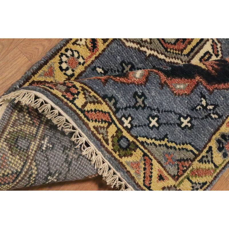 Hand Knotted Oriental 100% Wool Carpet Traditional Geometric Navy Blue & Blues Kazak Area Rug - 10' 2'' X 2' 6''