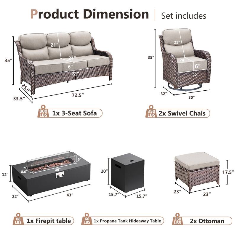 Pocassy 43" Fire Pit w/ Outdoor Sofa Swivel Chair Ottoman Set