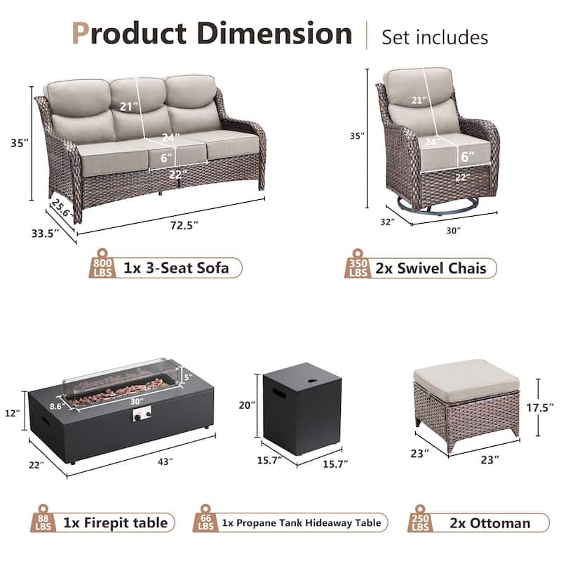 Pocassy 43 In Fire Pit w/ Outdoor Sofa Swivel Chair Ottoman Set