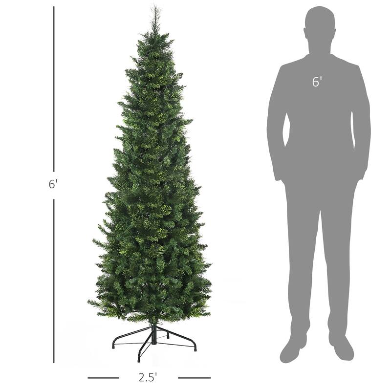 HOMCOM 6ft Tall Pencil Artificial Christmas Tree Holiday Décor with 618 Branches, Auto Open, Steel Base, Pine Needles, Green
