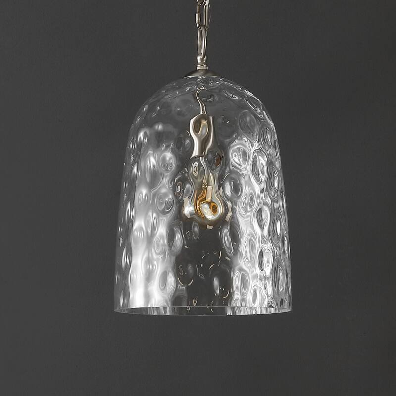 Plains 10" 1-Light Industrial Designer Iron/Dimple Glass Dome LED Pendant, Nickel/Clear by JONATHAN Y