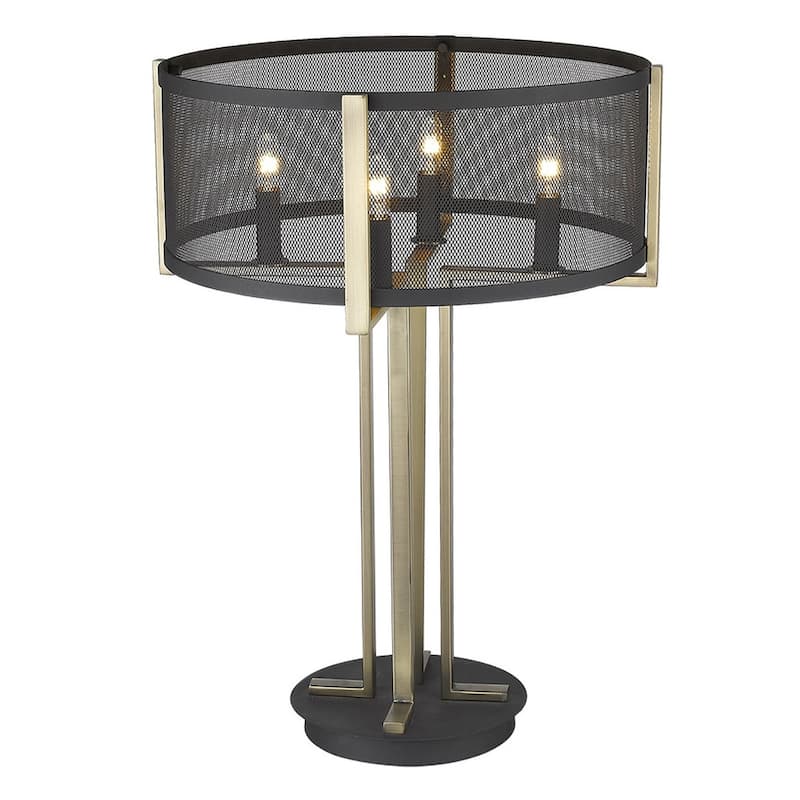 Brass Metal Geometric Table Lamp with Black Drum Shade and 4 Lights - 18” x 18” x 25”