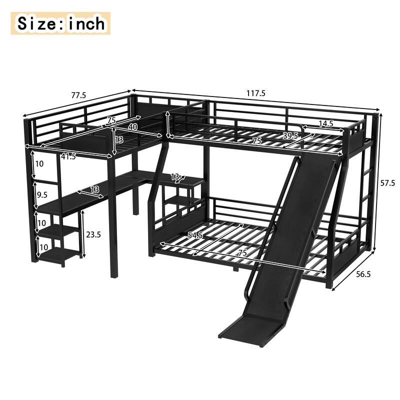 L-shaped Triple Bunk Bed with Loft Bed and Bunk Bed, Metal Storage Bed Frame with Integrated Desk, Open Shelves and Slide