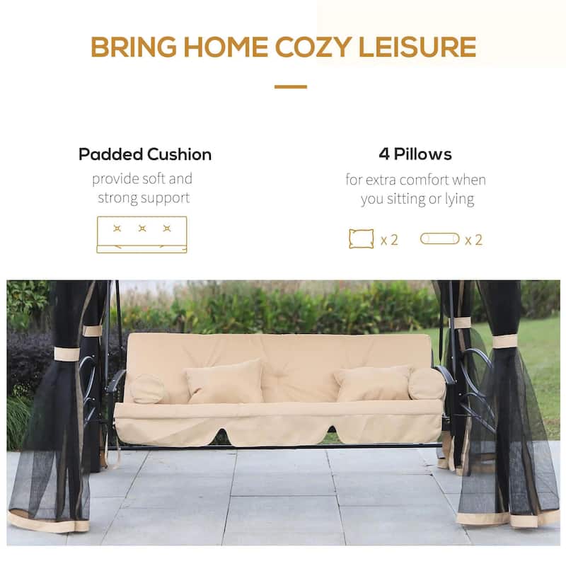 Luxury 3-Seat Patio Swing Chair,Dual Canopy,Mesh Walls,Comfort Cushion