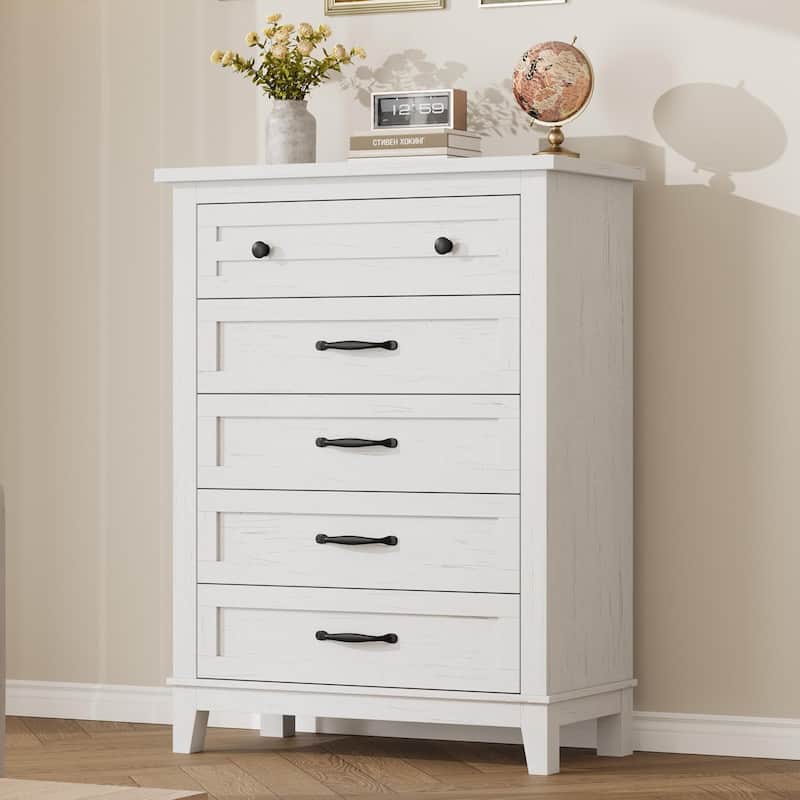 5 Drawer Dresser for Bedroom, Tall Freestanding Chest with Wood Frame and Vertical Storage - White