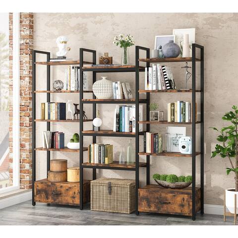 Triple Wide 5-Tier Bookshelf with 2 Storage Drawers, Industrial Etagere Bookcase Open Display Shelf, Brown