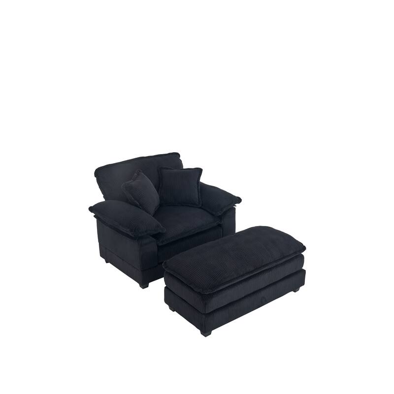 Corduroy Single Sofa Sets with Ottoman and 2 Toss Pillows, Deep Seat Design