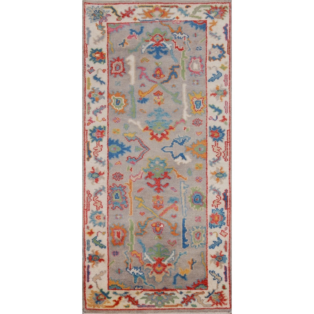 Gray Ivory Oushak Oriental Rug Handmade Wool Carpet - 2'7" x 6'0"
