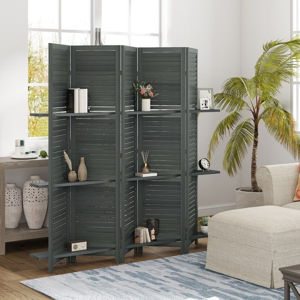 slide 2 of 9, HOMCOM 5 Panel 67" Tall Wood Room Divider, Privacy Screen with 3 Display Shelves, and Folding Storage for Bedroom or Home Office Grey