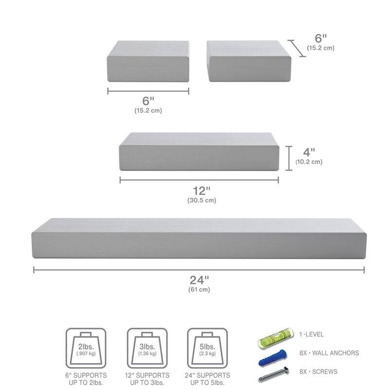 Melannco Set of 4 Distressed Light Gray Chunky Shelves, 2-6, 12, 24 Inch