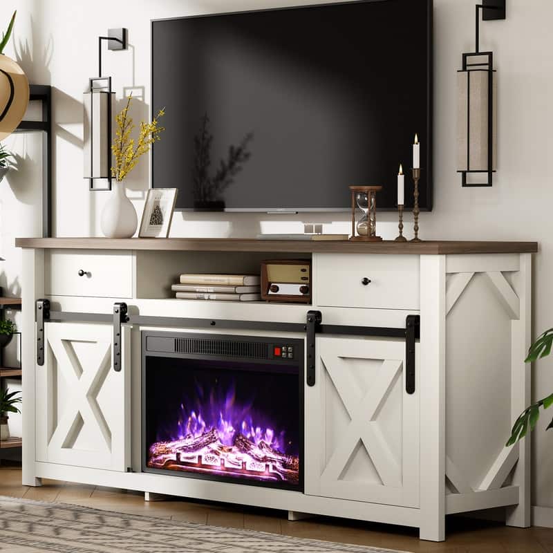 59" Sliding Diamond Door TV Stand for TVs up to 65" with 23" Electric Fireplace Included