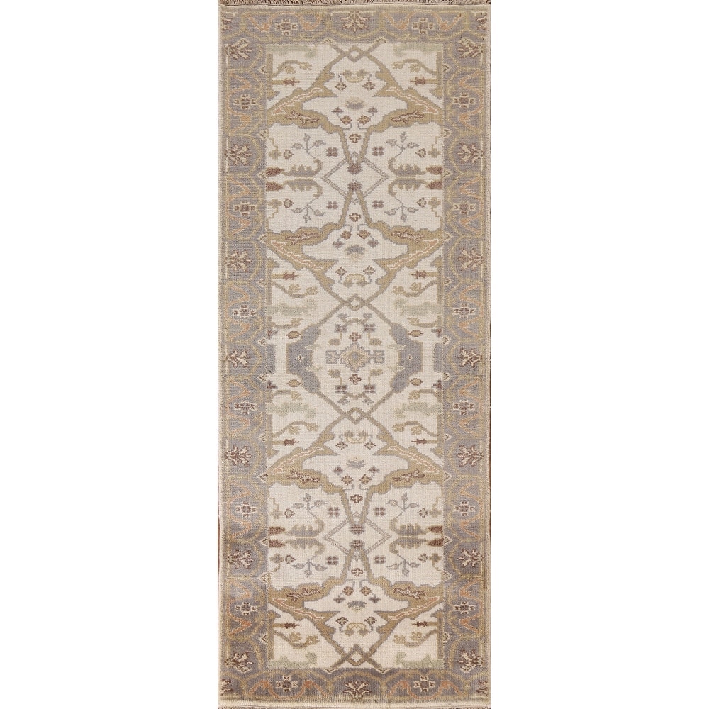 Floral Beige Oushak Oriental Runner Rug Handmade Wool Carpet - 2'7"x 7'10"