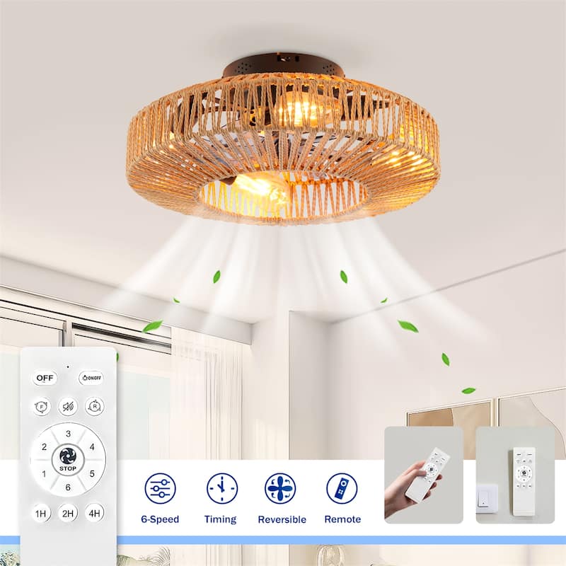 20" Rope Caged Ceiling Fans with Remote and Low Profile Chandelier 6 Speed, NOT Included Bulbs