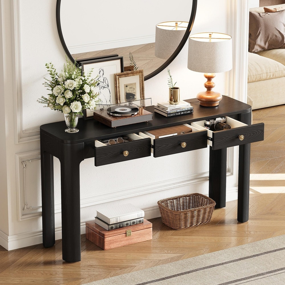 Rustic Console Table with Curved Corners for Safety - Entryway Table with 3 Concealed Drawers
