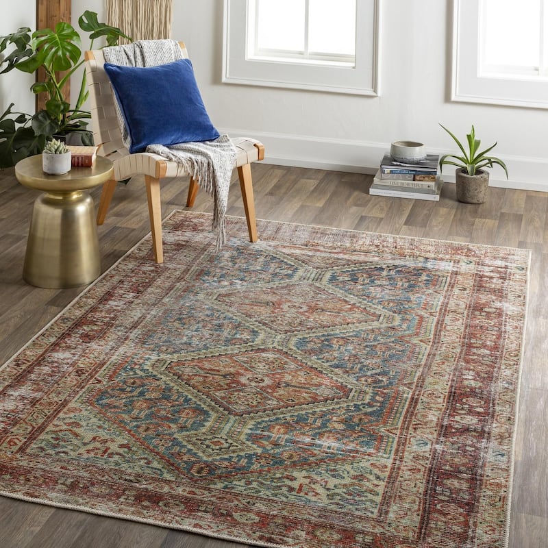 Livabliss Traditional Amelie Medallion Washable Area Rug - 2' x 2'11" - Blue/Rust