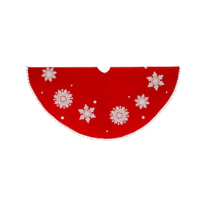 Red and White Snowflake Christmas Pompoms Tree Skirt,