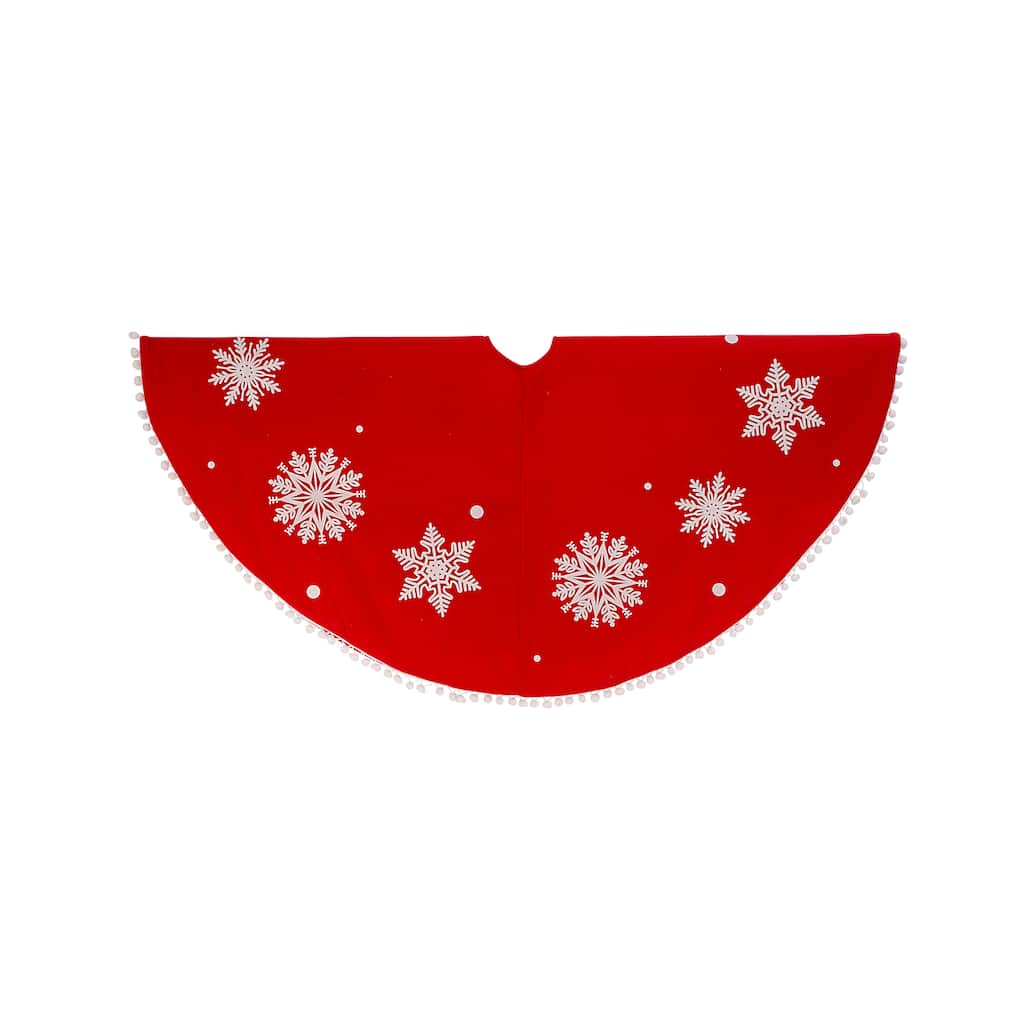 Red and White Snowflake Christmas Pompoms Tree Skirt,