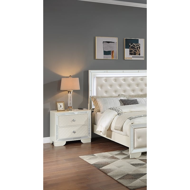 1pc Nightstand Bedside Table 2x Drawers w Mirror Glass Panel - Cream