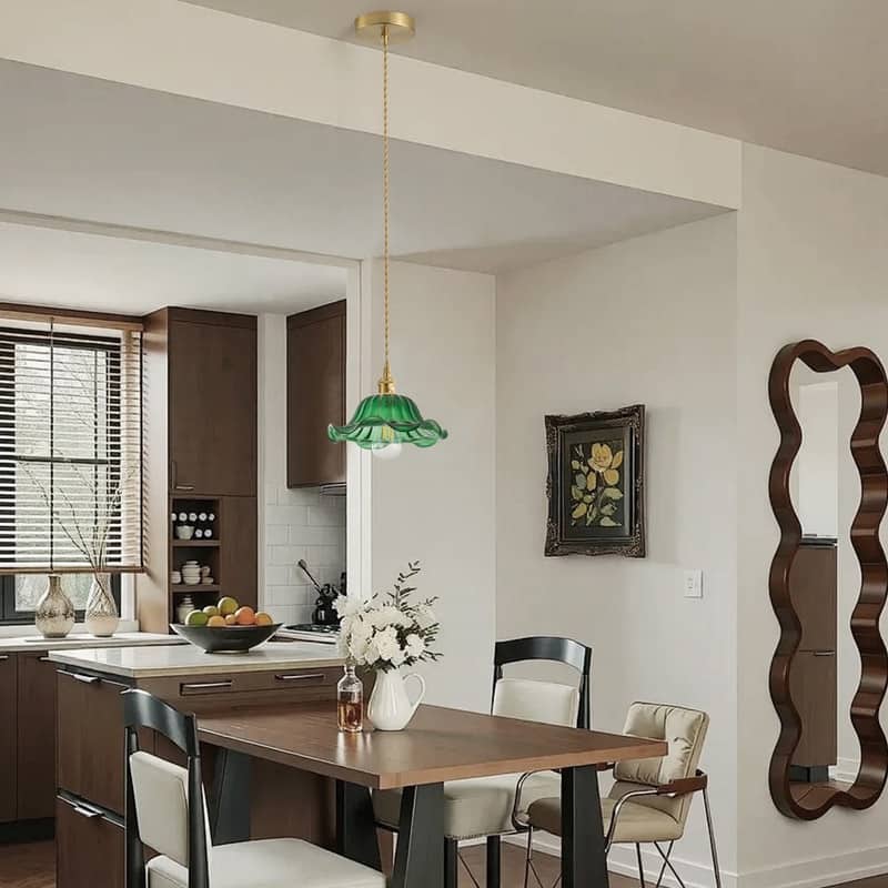 Modern 1-Light Pendant with Green Glass Shade and Brass Finish